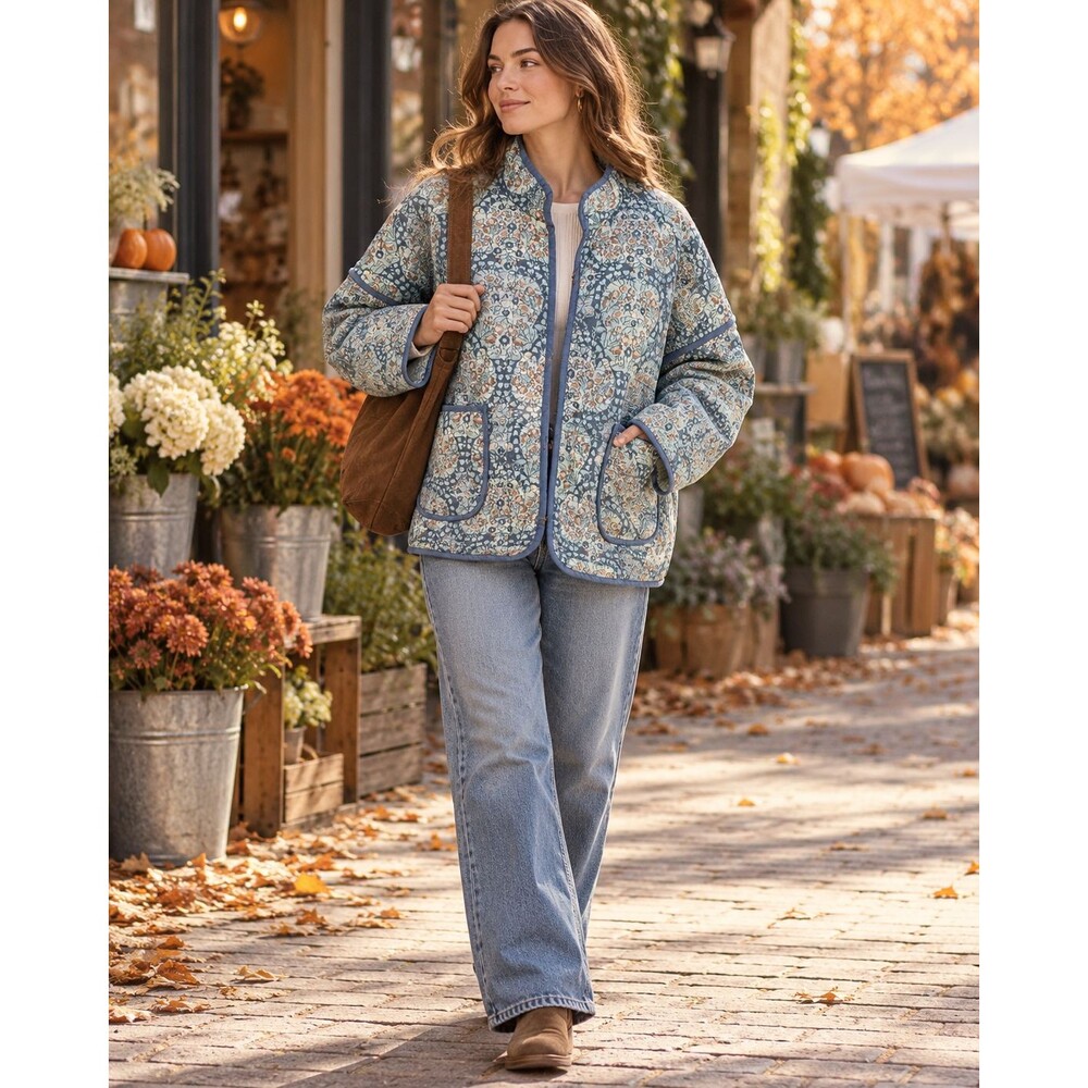 Free People Women’s Floral Quilted Jacket Blue Multi Oversized Size Large